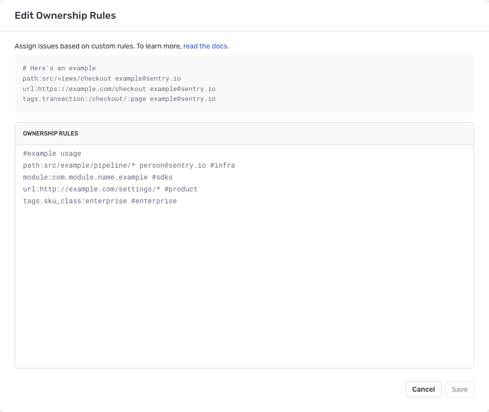 Configuration options for defining ownership rules in project settings.